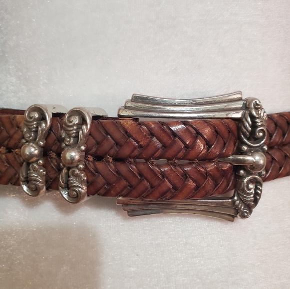 Brighton brown leather braided woven silver tone engraved buckle western belt M - Picture 2 of 10